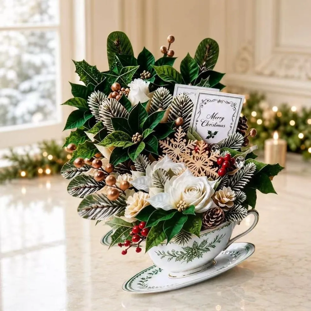 3D Pop Up Teacup Card with Envelope & Message Note Home Decor Floral Bouquet Cards Surprise Best Wishes Christmas Greeting Cards