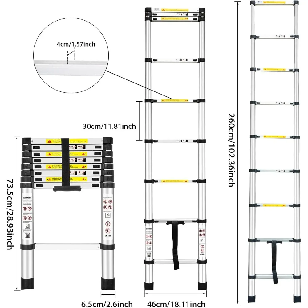 Escada telescópica de alumínio EN131 com capacidade de 8,5 pés e 330 libras para trabalho ao ar livre em RV doméstico