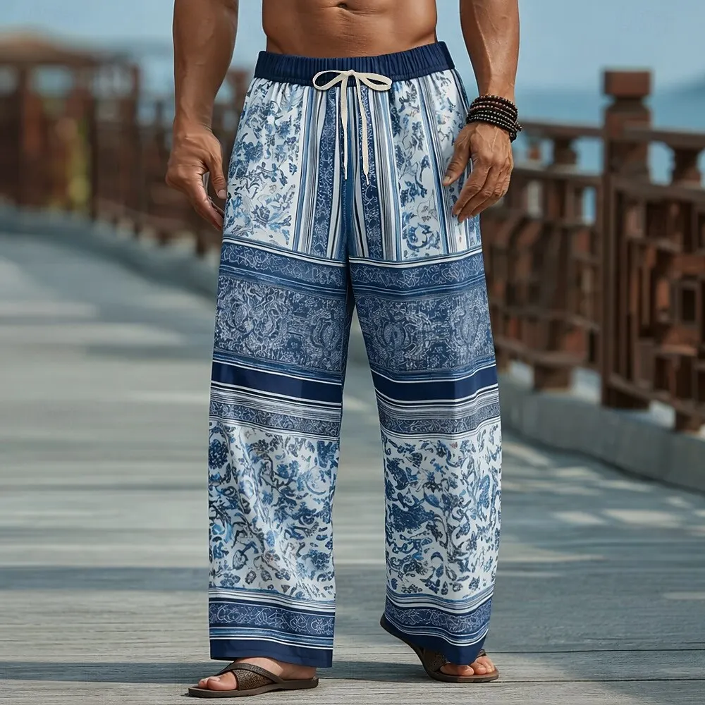

Men's Color Block Floral Print Loose Pants, Comfortable Linen Blend Elastic Waist Trousers For Outdoor Holiday