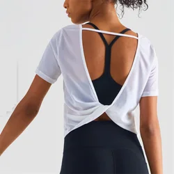 Sexy Yoga Vest Sports Top Loose Casual Open Back Mesh T-shirt Tank Women Short Yoga Shirt Sportswear Breathable Moisture Wicking