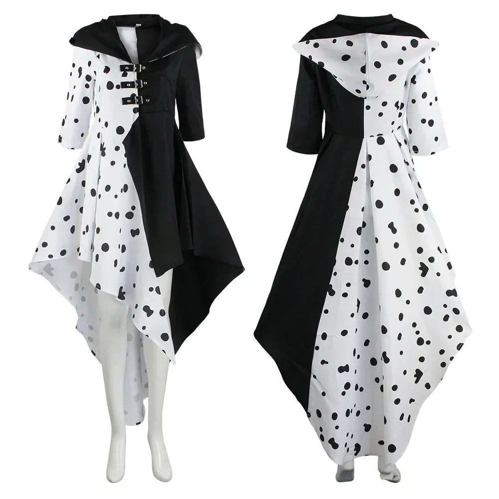 Anime 101 Dogs Cruella Cosplay Costume Queen DeVil Cruella 101 Dogs Cos Spot Dress Halloween Outfit Cloak Suit For Adult Women