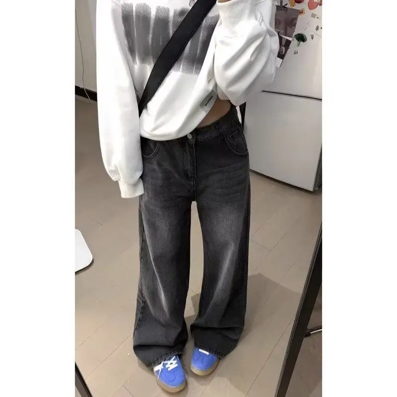 

American Retro High Waist Loose Straight Leg Jeans Women's plus Size Autumn New Style Slimming Wide Leg Pants Dark Grey