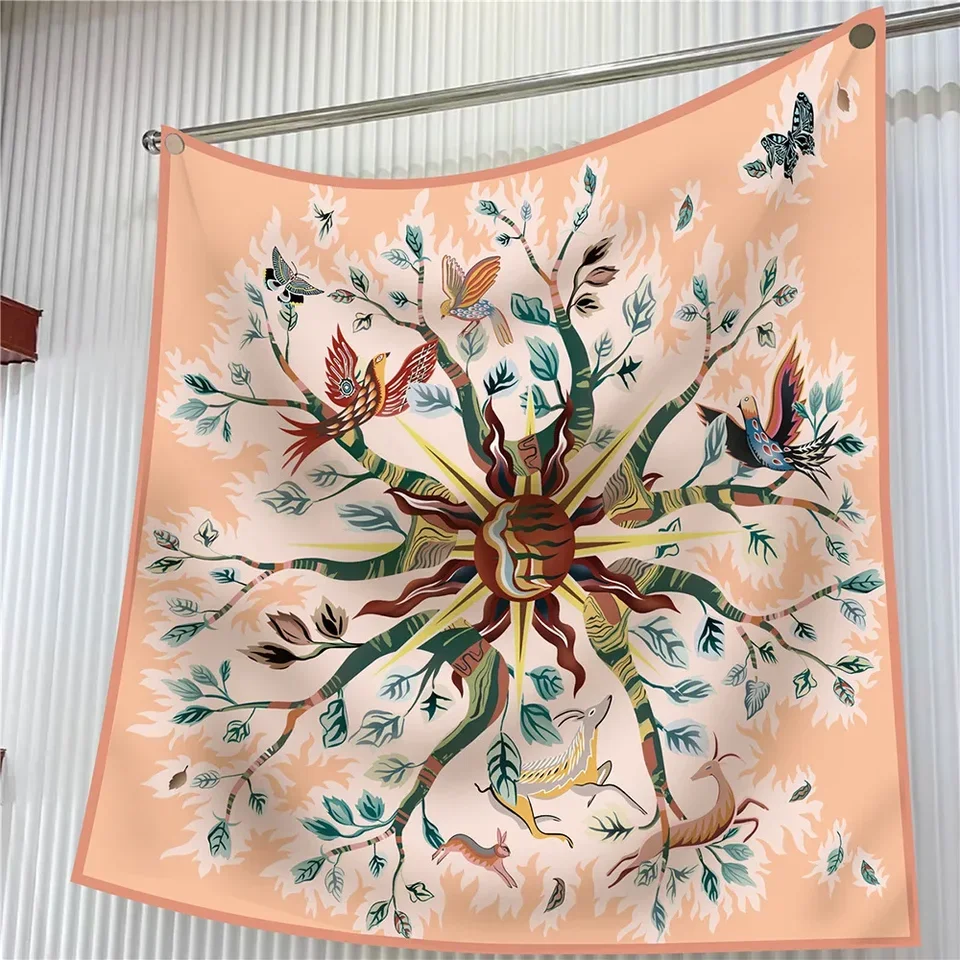 

Elegant Women's Silk Scarf 90cm - Floral Tree Print Square Shawl, Head Wrap, Beach Cover, Hijab Bandana, Fashion Accessory