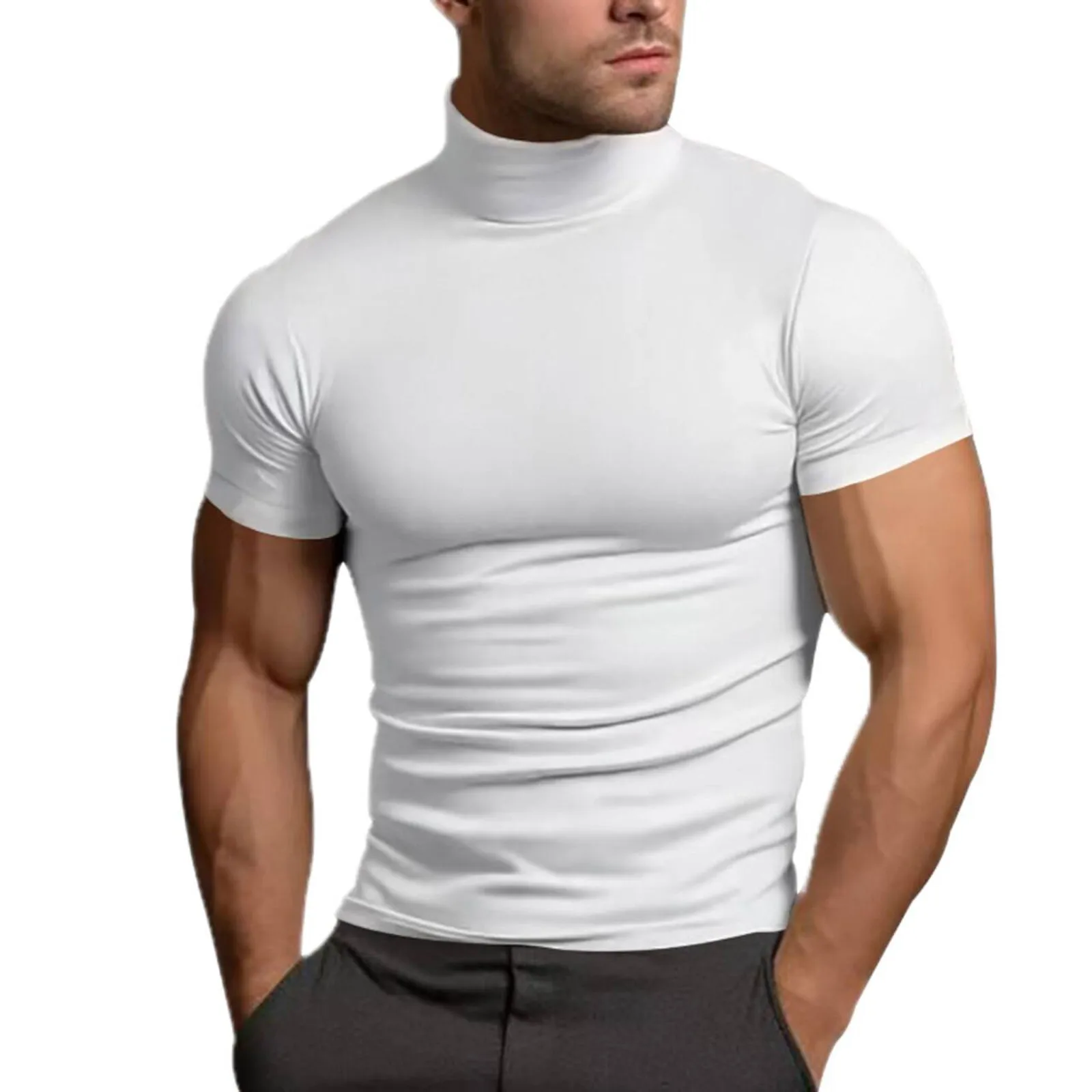 Summer Solid Color T-Shirts For Men Causal Short-Sleeved Fashion Bottoming Shirt New Tight Turtleneck Sport Fitness T-Shirt