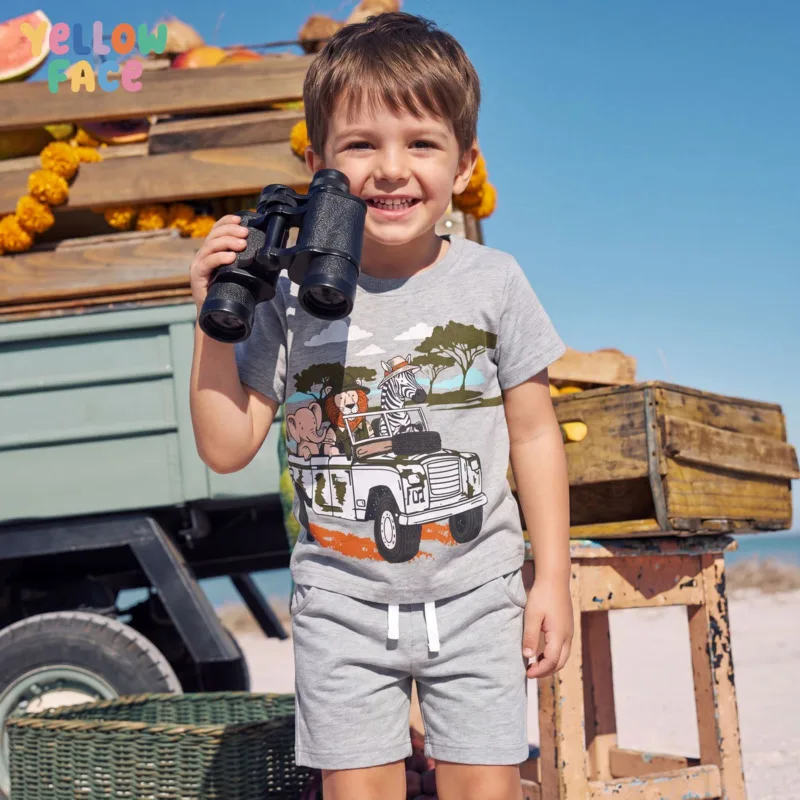 26 spring summer Stylish Boys 2piece set Suit New Round Neck Short Sleeve pants Cute Animal Print Children kid 3-12 years Outfit