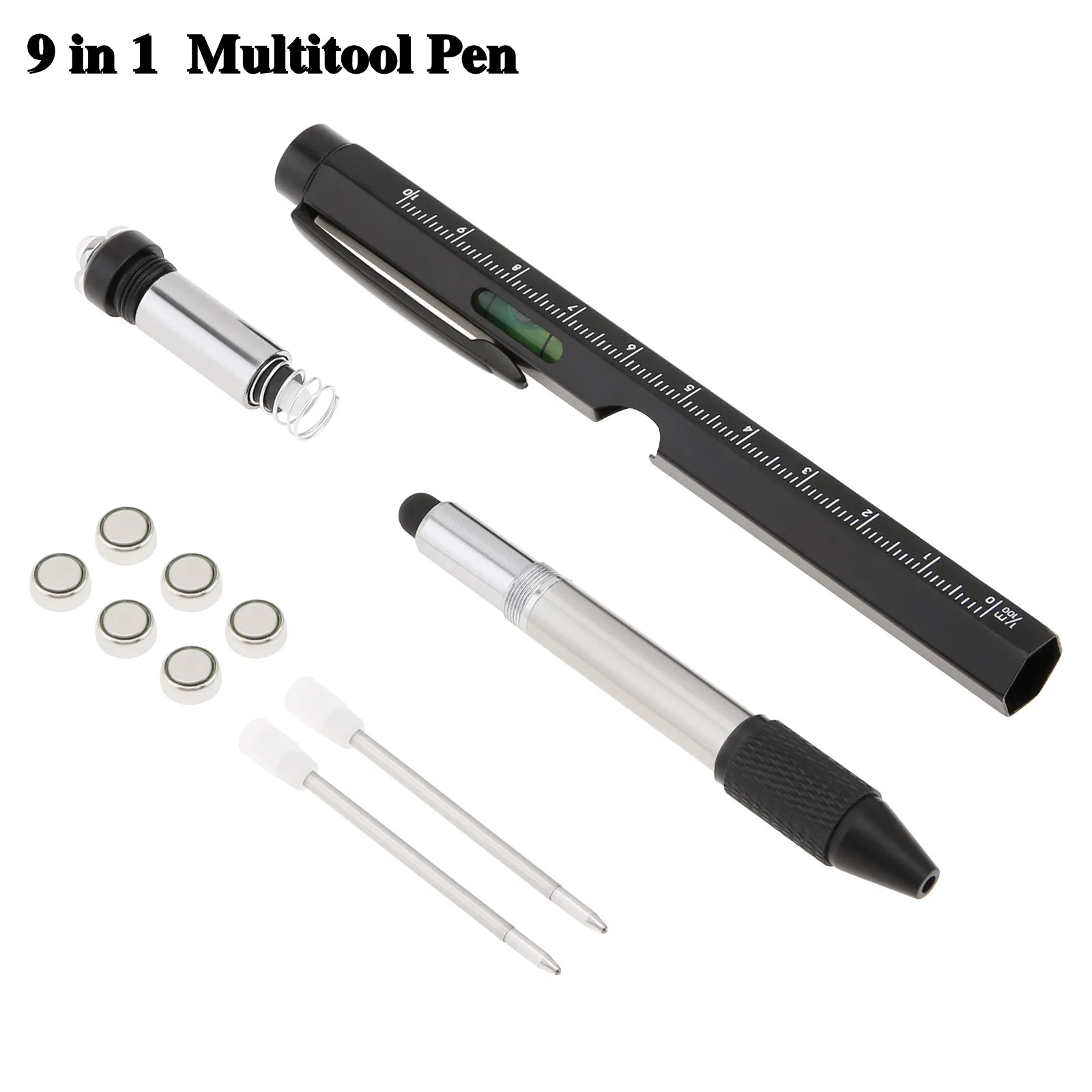 9 In 1 Multitool Ballpoint Pen Touch Screen Pen LED Light Stylus Ruler Bottle Opener Flat / Cross Screwdriver Pen Clip Men Gift