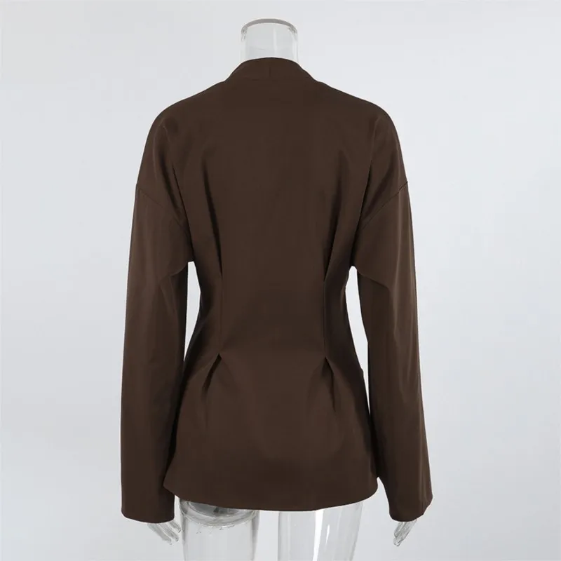 Primavera e outono novo temperamento commuter camisa feminina retro marrom escuro cardigan moda mangas compridas plissado camisa fina topo