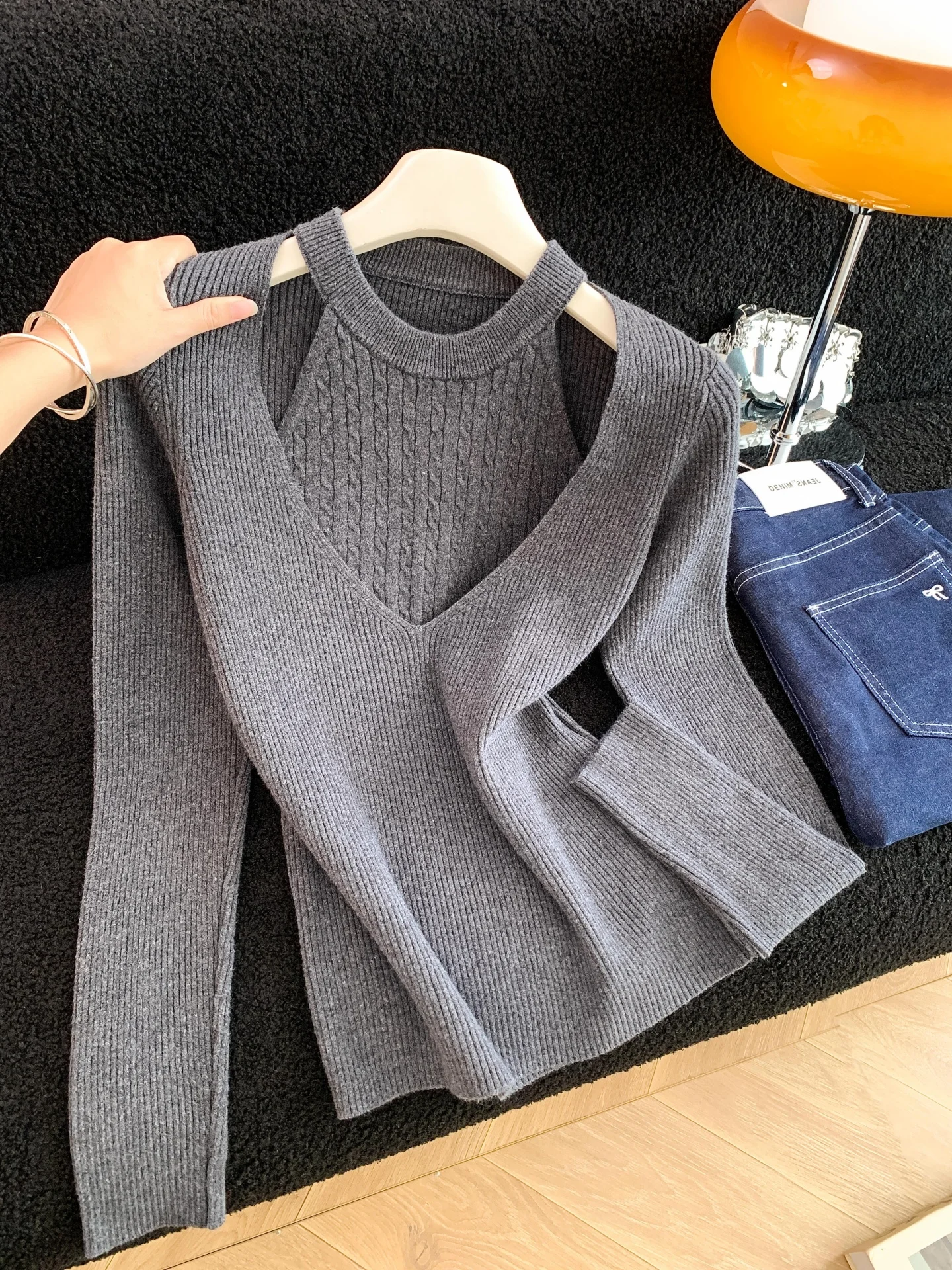 Dames Ne Hangend Gebreid Lang Sve Base irt Slim Fit oulder Blootstelling Trui Nep Tweedelige Gebreide Top Herfstontwerp