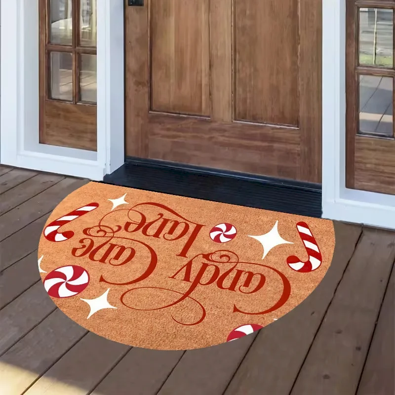 VIKAMA Half Round Christmas Door Mat, Merry Christmas Bell Candy Pattern Entrance Carpet Indoor Anti Slip Home Decoration Mat