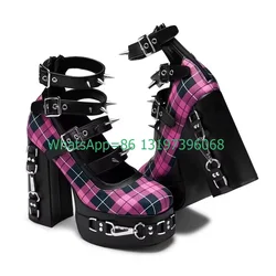 Lady Gothic Plaid Vintage Mary Janes Boots Chunky Heel Spike Metal Design Platform Footwear Size 35-46 Cut-Out Pink Black Boots