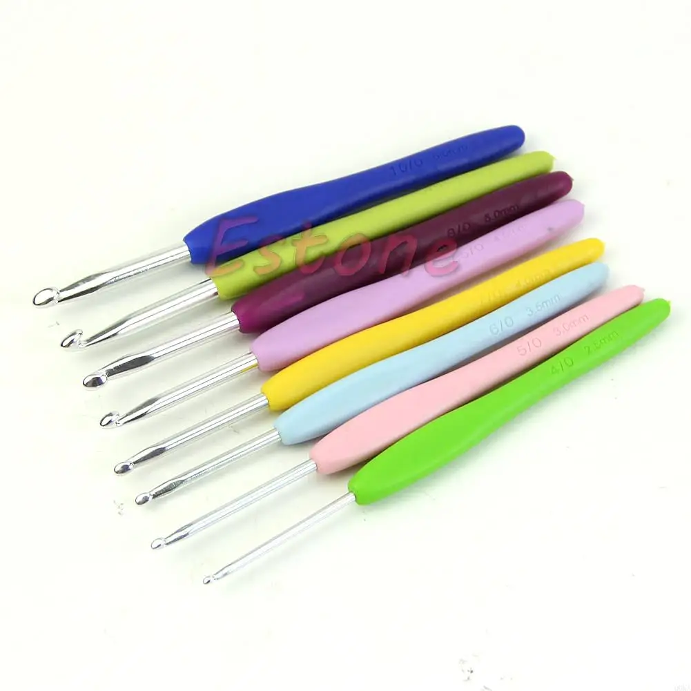 

Q0KA 8 Size Multicolor Soft Plastic Handle Aluminum Crochet Hooks Knitting Needle