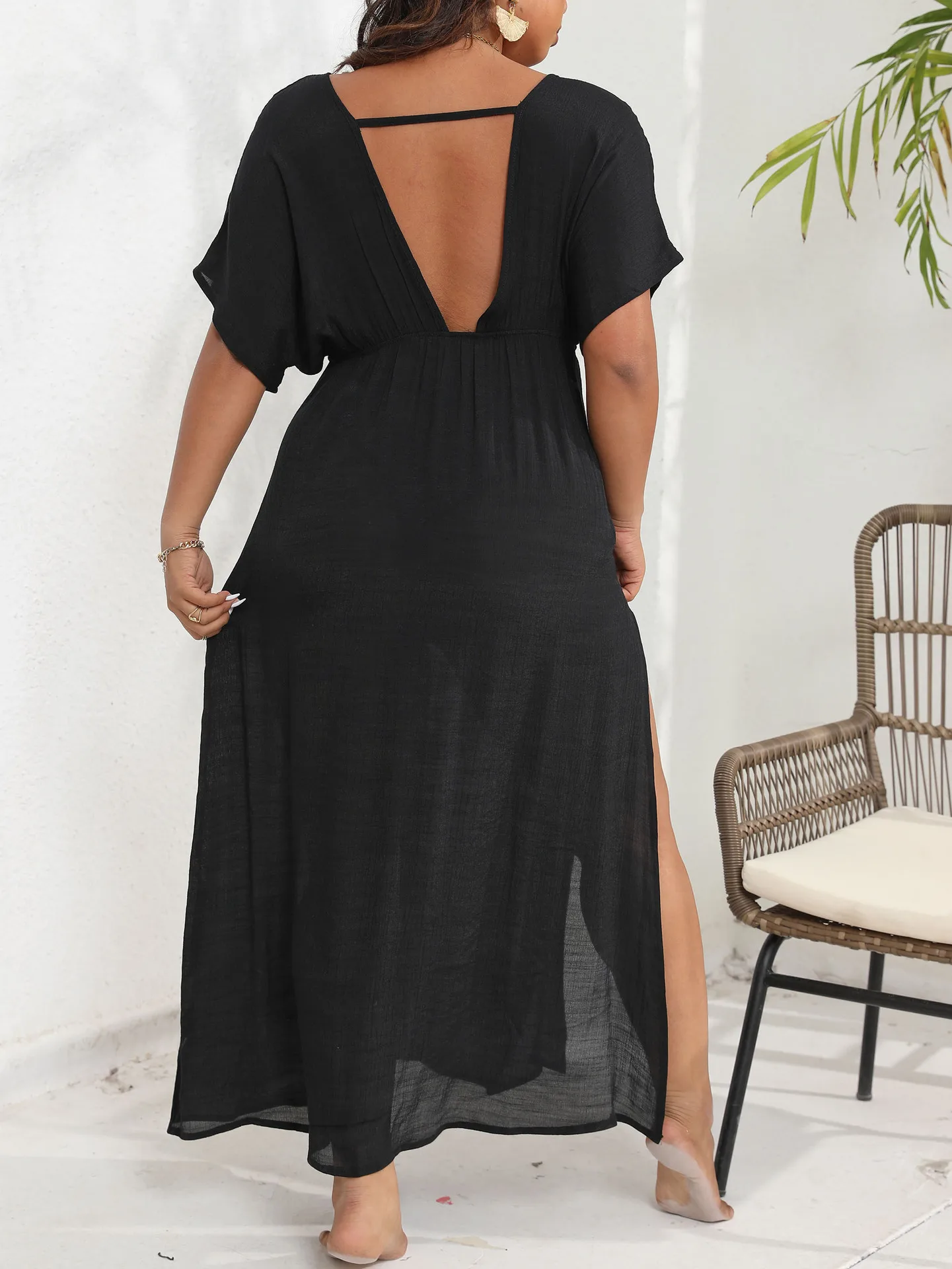 Ladies long skirt beach cover-up plus size women\'s clothing 2024 women\'s fashion trends slit deep V backless waist black dress