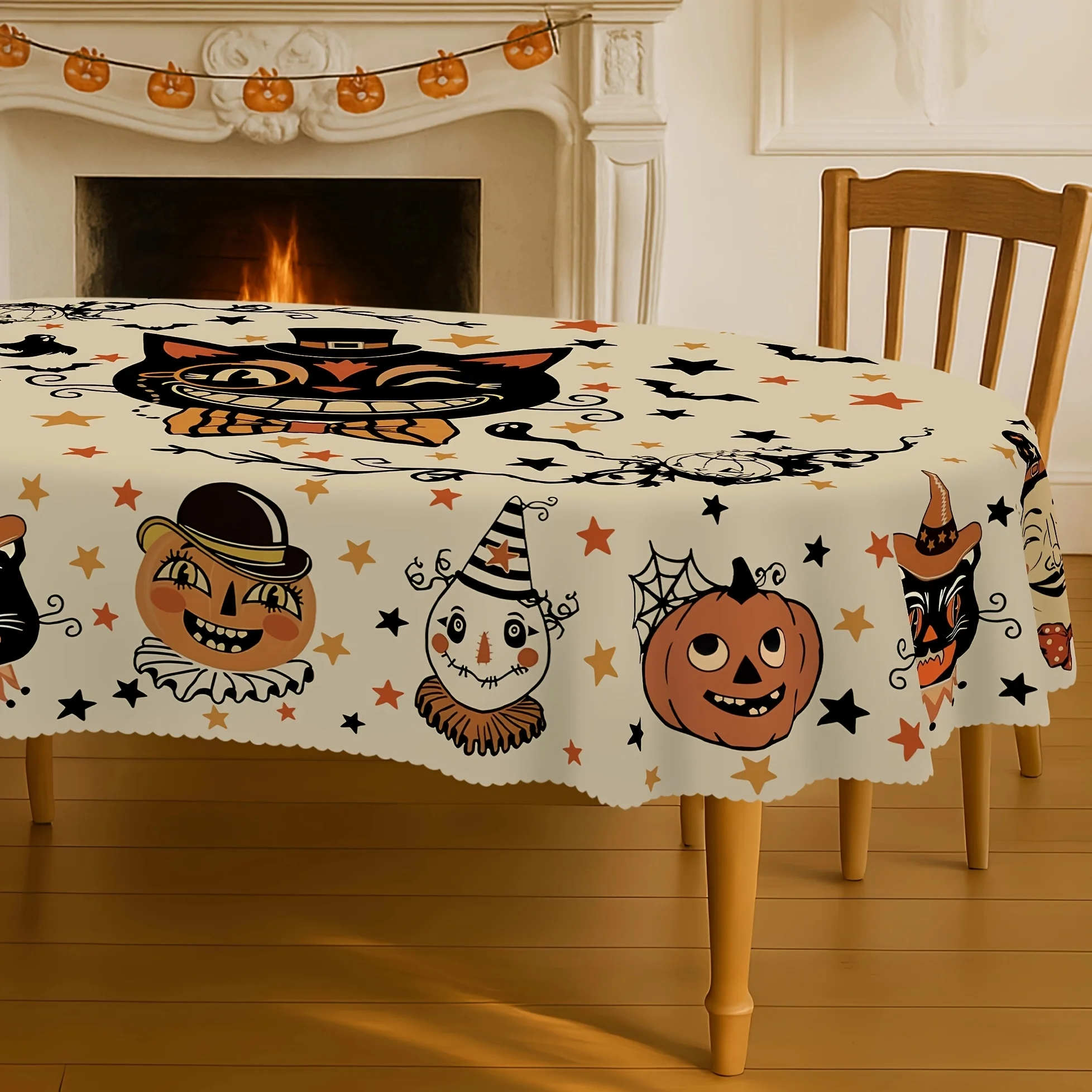 1 Halloween tablecloth with ghost, pumpkin, black cat and bat motifs for kitchens, dining rooms