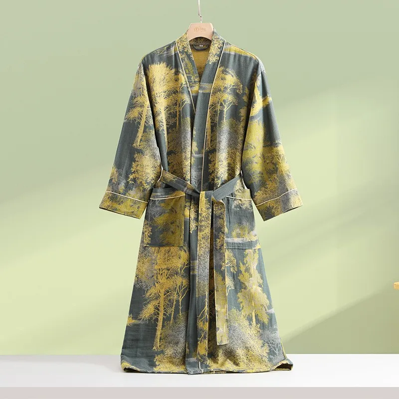 

100% Cotton Double-deck Gauze Kimono Robes Couples 2024 New Women And Men V Neck Bathrobe Nightgown Print Female Home Clothes