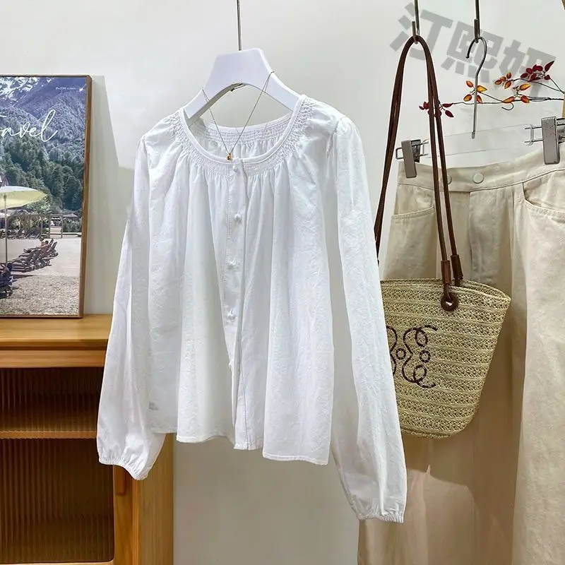 Vintage Pleated Long Sleeve Loose Shirt Tops Spring Autumn New O-neck Solid Temperament Blouse Fashion Casual Women Clothing