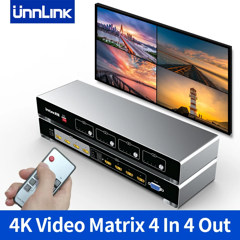 Unnlink 4K 30Hz HDMI Matrix 4x4 Video HDMI Switch Splitter 4 In 4 Out Remoter RS232 Control with Optical 3.5mm Audio Extractor