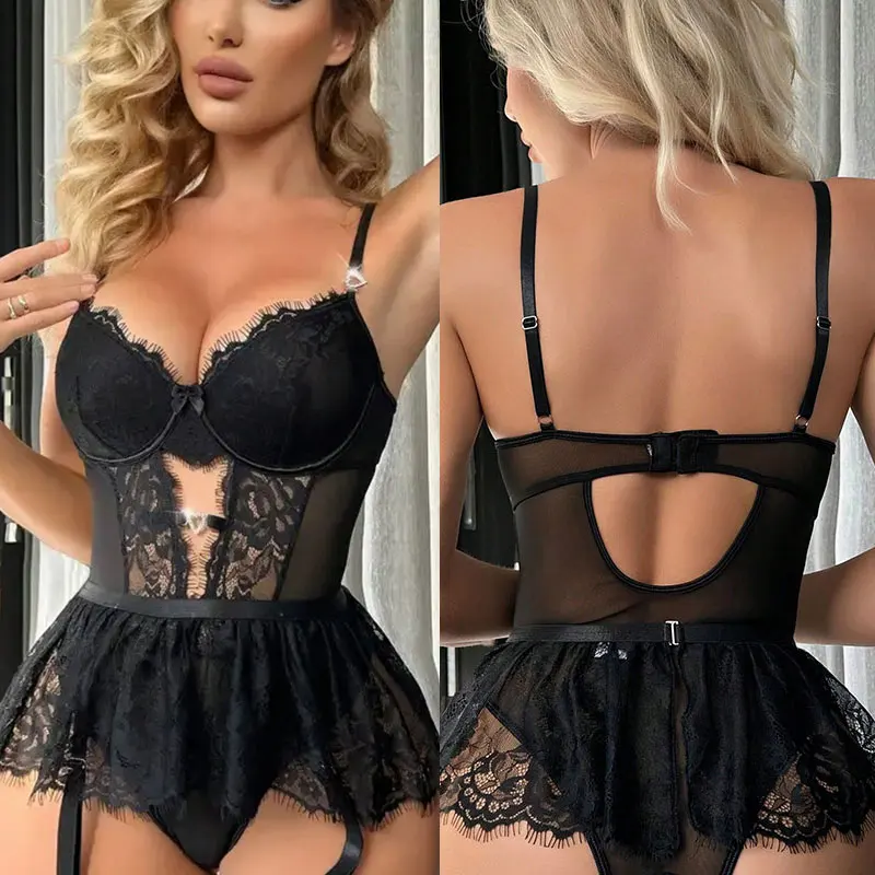 V-neck Sexy Lace Strap Jumpsuit Skinny See-through Women Pajamas Playsuit Erotic Lingerie Catsuit Backless Hollow Out Bodysuits