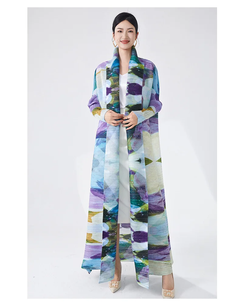 Muslim long robe women's long dress foreign trade robe high-end printed loose belted lapel Miyake cardigan autumn coat