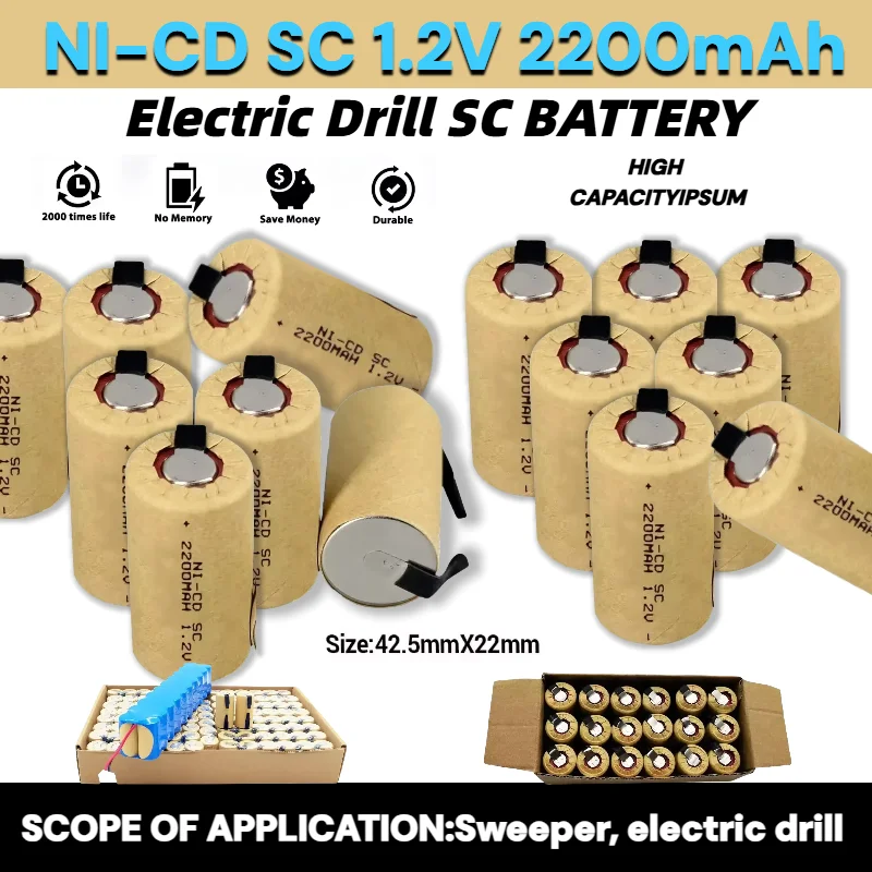 

SC 2200mAh 1.2V Sub-C NiCd Rechargeable Battery Pack with Tabs for Cordless Screwdriver Drill Power Tools (SC Cell Replacement)