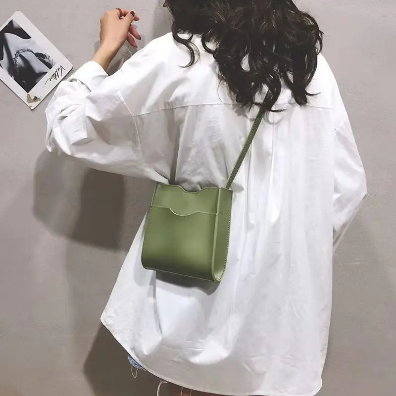 Square Bucket Shoulder Bags For Women Solid Color PU Outer Pocket 2021 New Designer All-Match Cross-Body Bags Coin Wallet