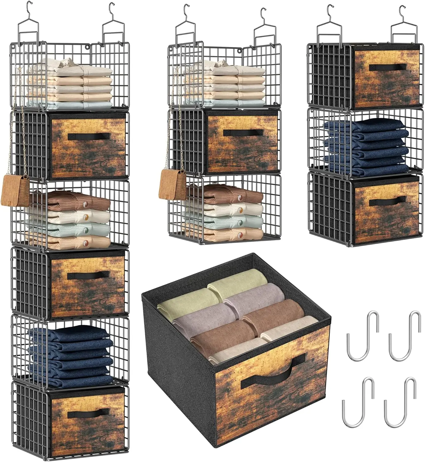 

6-ярусный металлический органайзер для шкафа с ящиками и крючками для хранения в гардеробе или прачечной, черный цвет