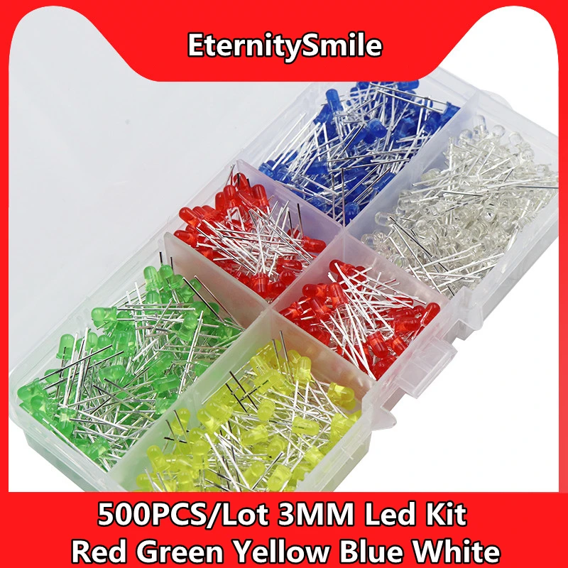 

500PCS/Lot 3MM Led Kit With Box Mixed 5 Color Red Green Yellow Blue White Light Emitting Diode Assortment 20PCS Each