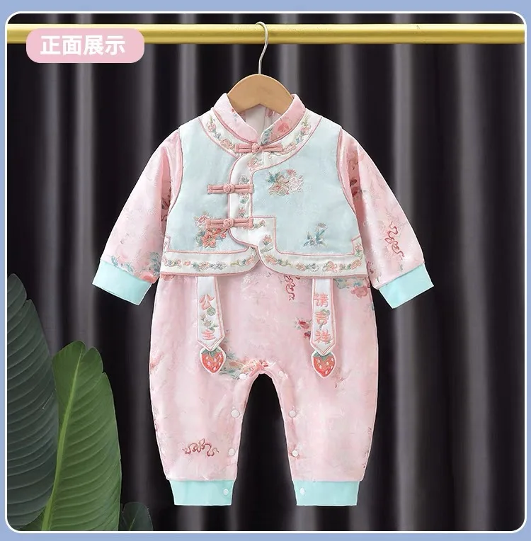 Nan Shan Girl Spring New Year Dress Baby Cute Checker New Chinese jumpsuit Full Moon Hundred Days Old Year