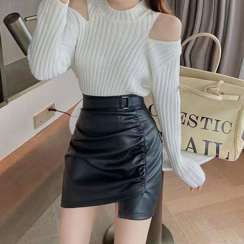 Lucyever Korean High-Waisted Bodycon Skirts Ladies Fashion Folds Irregular Leather Mini Skirt Women Elegant OL PU Short Skirts