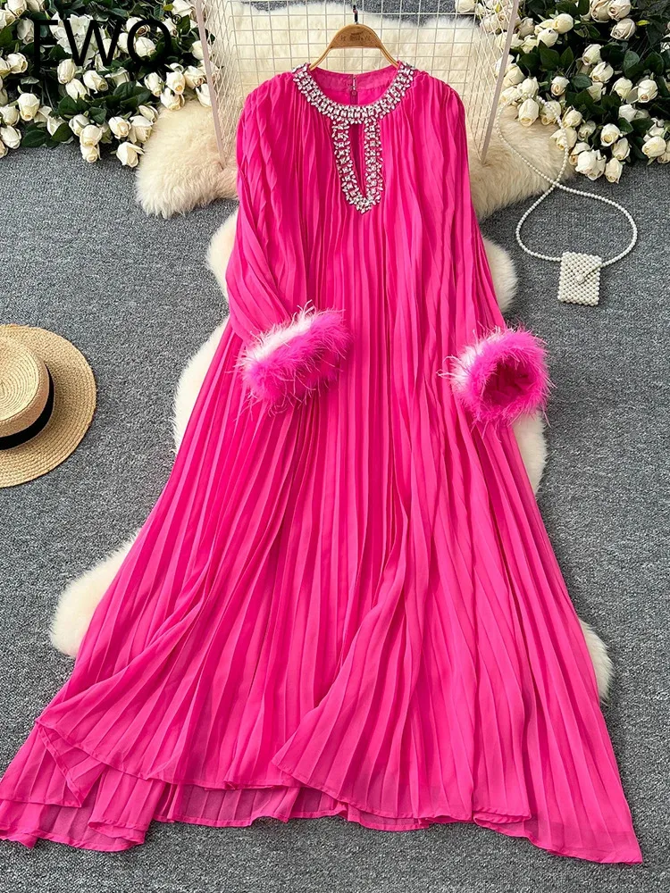 EWQ Elegant Long Dress Women Diamonds Spliced Collar Feather Sleeves Solid Color A-line Dresses Fashion 2024 New 27X1630