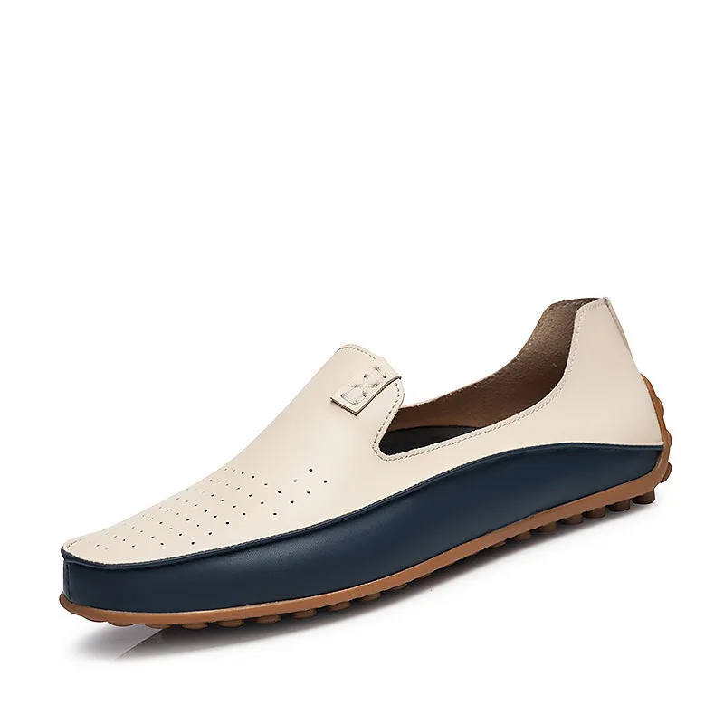 Leather Casual Shoes Men's Lazy Driving Flat Heels Beige/blue Loafers Breathable Hollow Out Men Shoes Fashion Plus Size 36-47