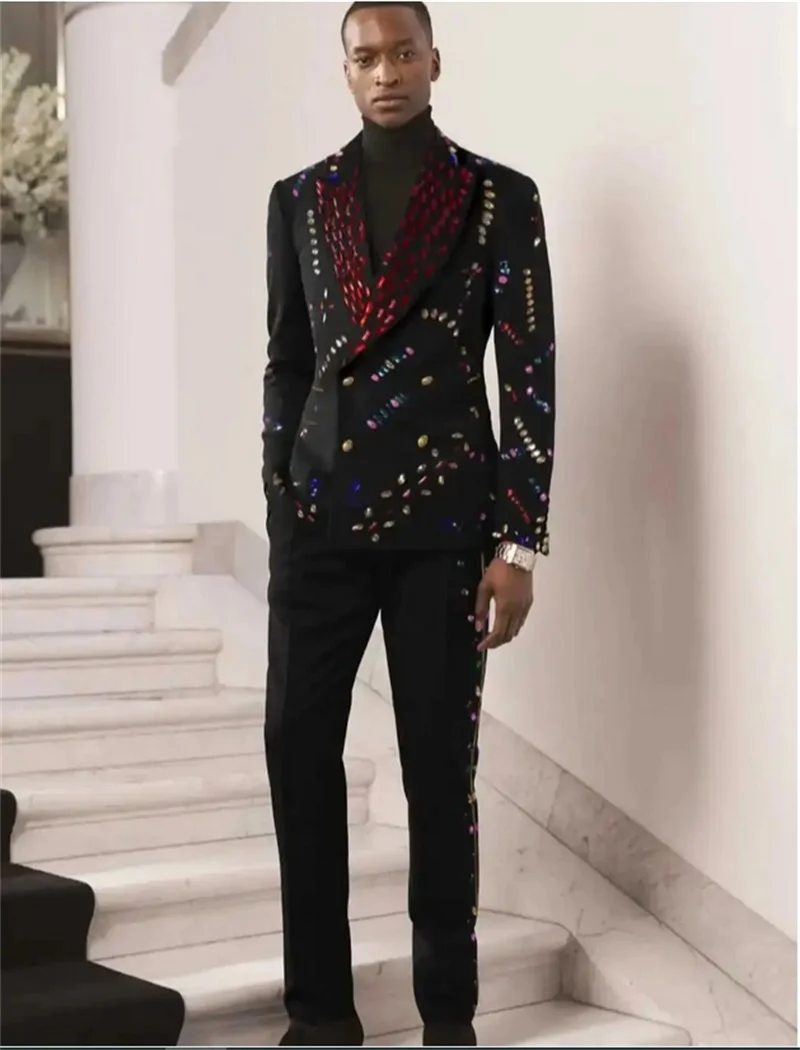 

Crystals Men Suits Set 2 Piece Black Blazer+Pants Cotton Prom Wedding Tuxedo Coat Custom Made Formal Office Jacket Trousers