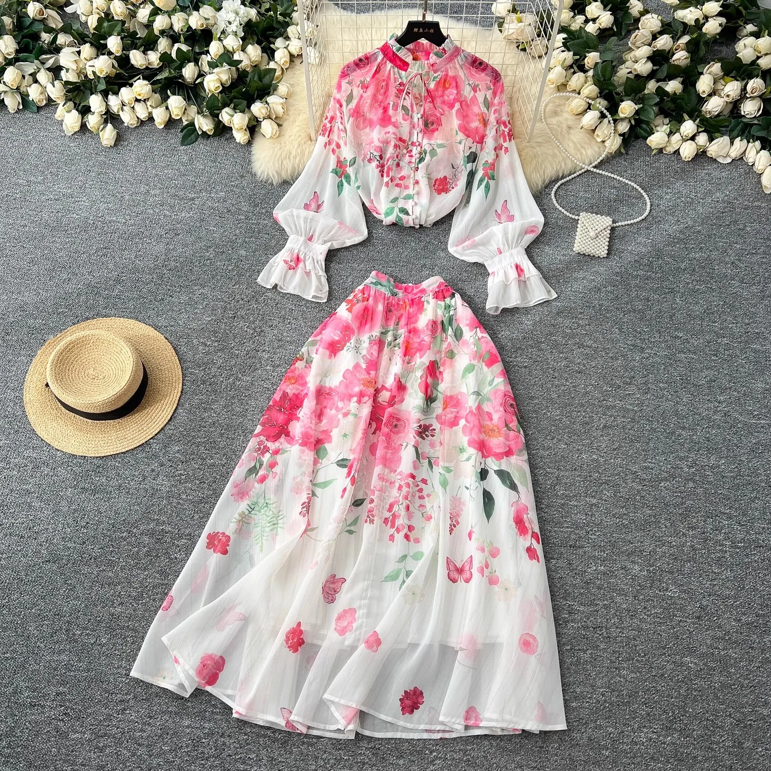 

2025 Fashion Runway Gorgeous Flower 2 Piece Set Women Bow Floral Print Long Flare Sleeve Tops + High Waist Maxi Skirts Suit