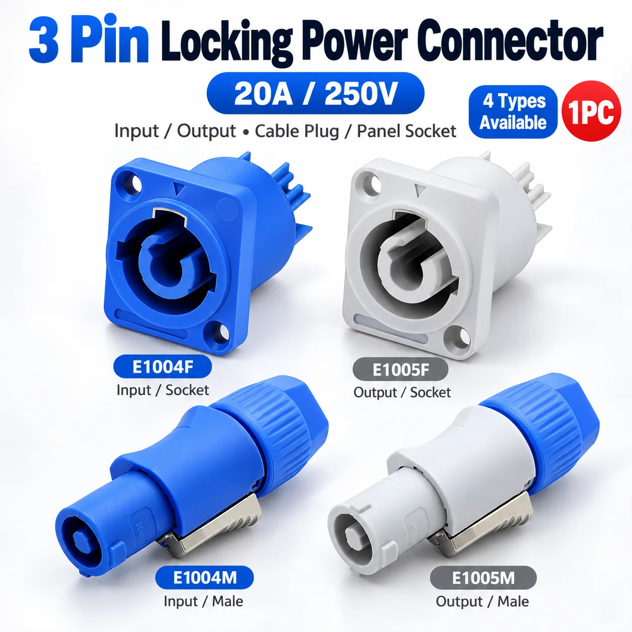 1PC 3 Pin 20A 250V Locking Power Connector Male Female Cable Plug Panel Socket for LED Stage Lighting Audio Amplifier Equipment