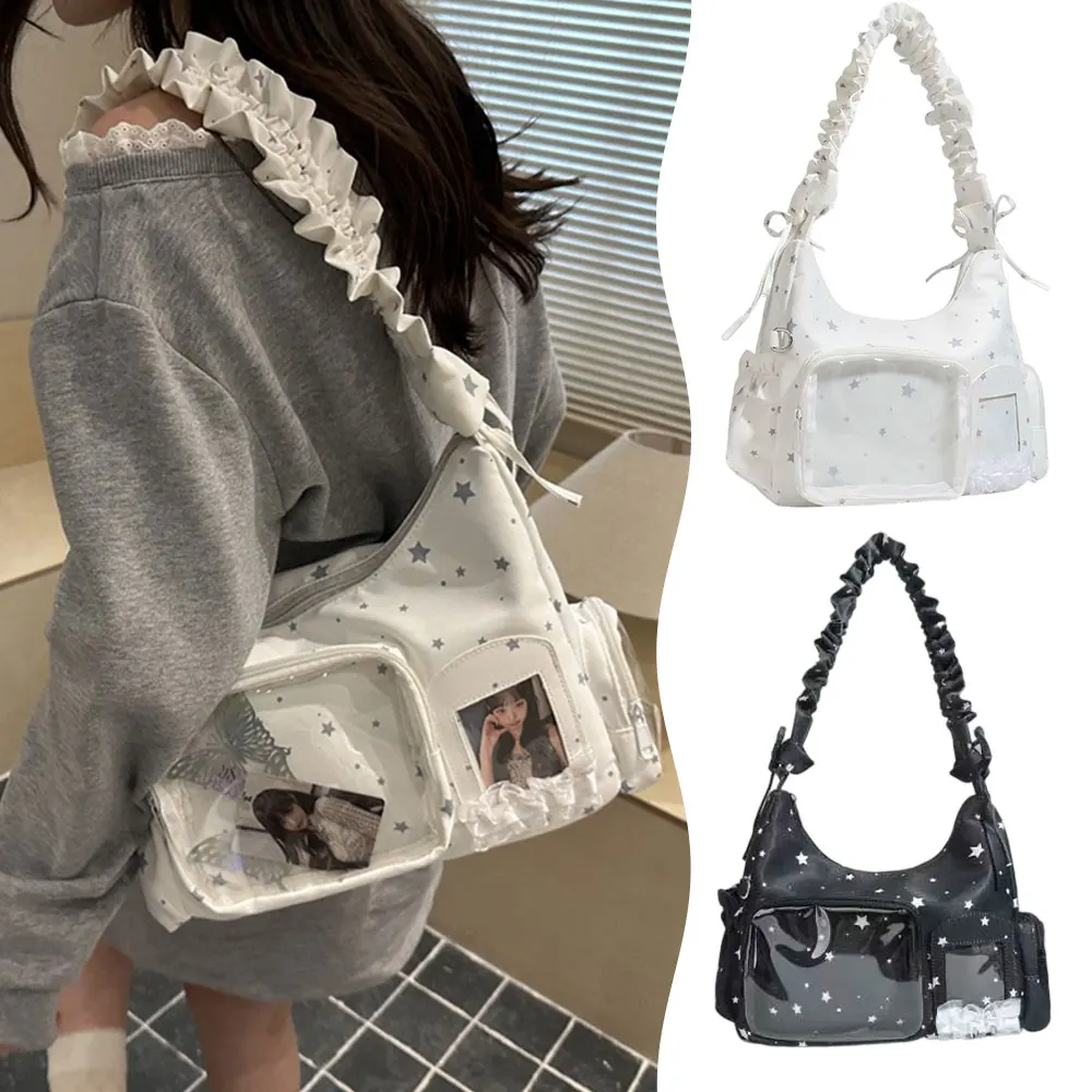 Star Print Itabag Transparent Window Hobo Bag Ruffle Pleated Shoulder Strap Purse Kpop Idol Photocard Display Bag Casual Bag