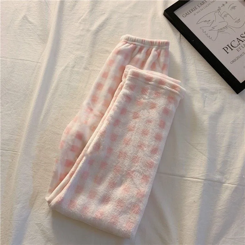 Pink Plaid Pajama Jogger Pants For Women Winter Warm PJ Pants Fluffy Flannel Trousers Korean Girl Sweet Cute Homewear Sleepwear