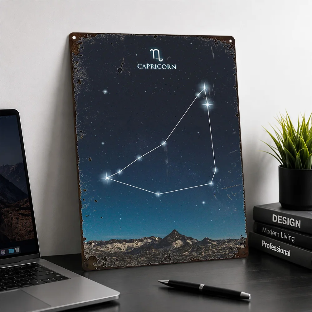 Capricorn Constellation Mountains Textured Metal Poster Celestial Wall Art For Bedroom Customized Aluminum Sign Stargazer Gift