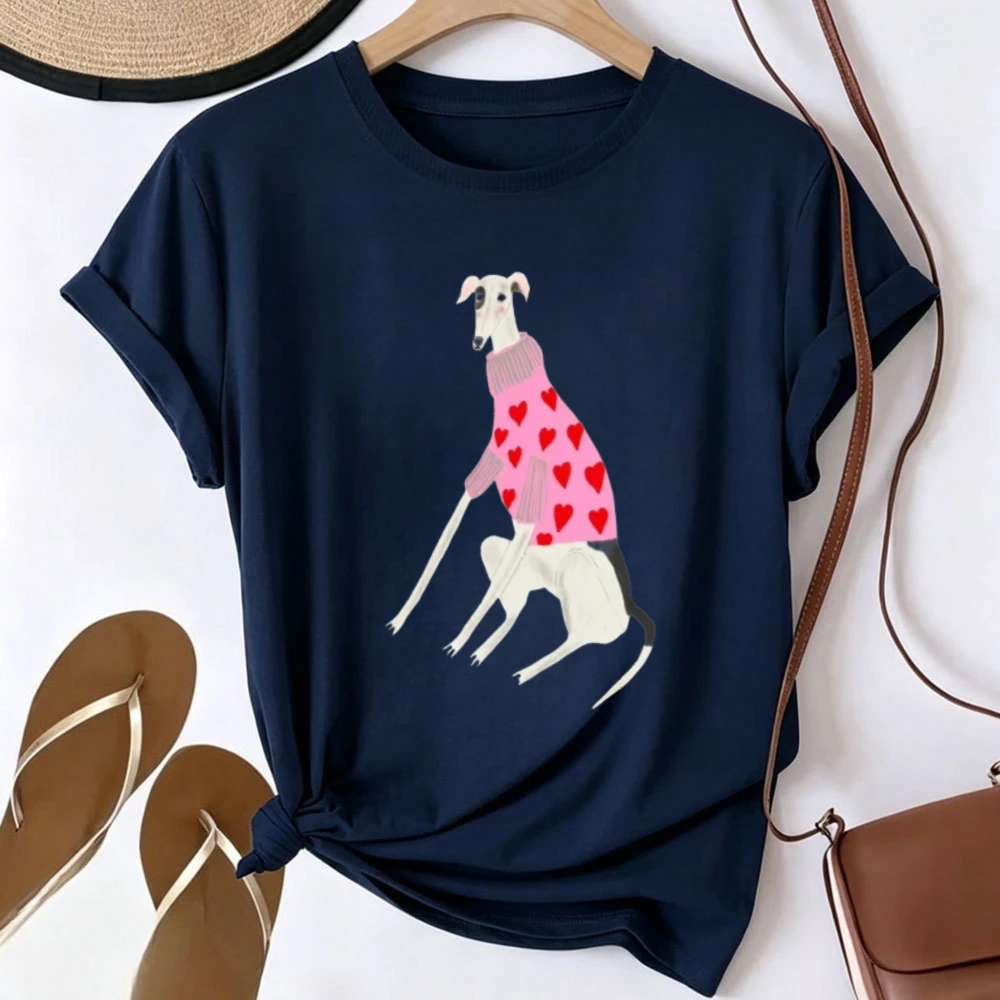 Cute Greyhound Dog Wearing Heart Sweater Graphic T Shirt Whippet Sighthound Pet Art Casual Tees Valentines Heart Pattern Tops