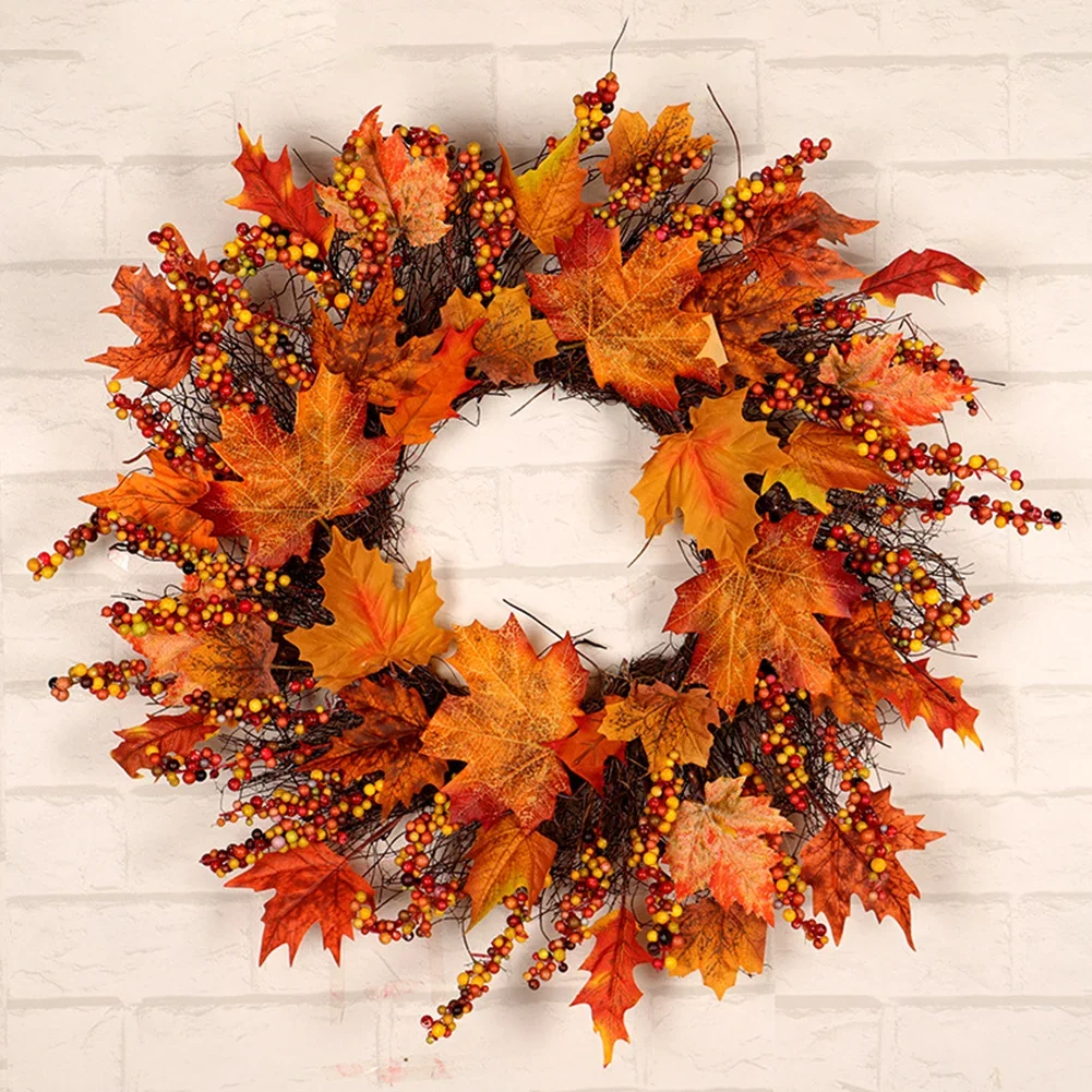 45cm Autumn Door Wreath Christmas Halloween Decoration Pumpkin Berry Pine Cone Maple Artificial Wreath Thanksgiving Decoration