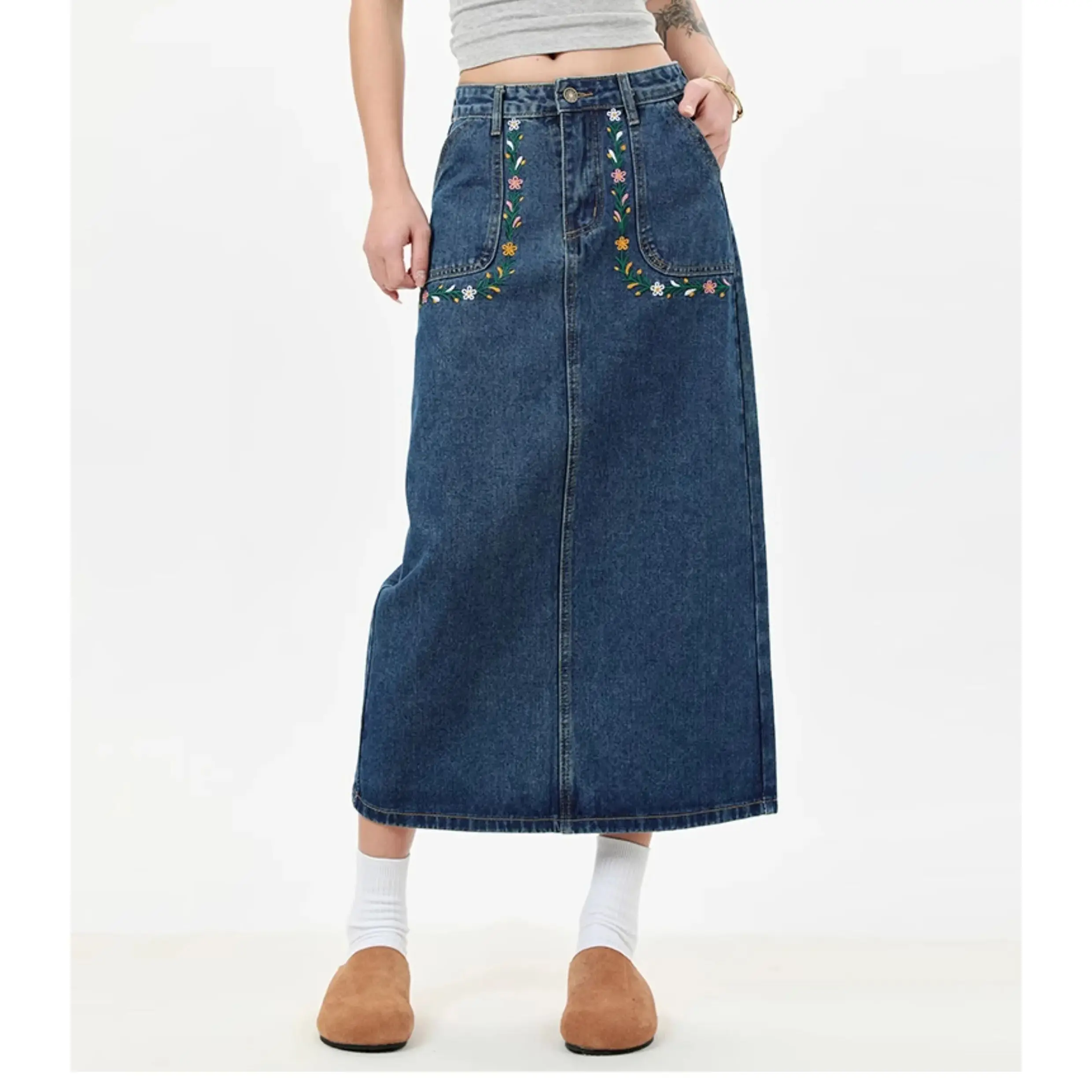 

Women's Embroidered Denim Skirts Floral Patch Pockets A-Line Midi Length Ankle-Length Skirt Casual Chic Street Style