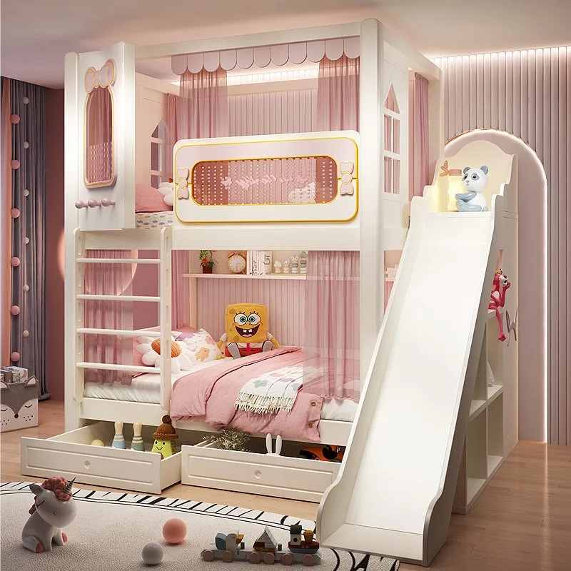 Children's bed bunk double layer two layer high and low bed mother and child bed up and down the same width castle pr