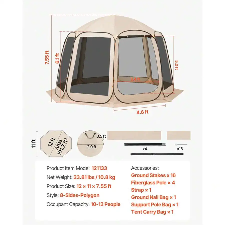 Screen House Tent, 12 X 11 Ft, 10-12 Person Pop Up Screen Tent, Portable Screened In With Carry Bag, Netting Sides, Ground Stake