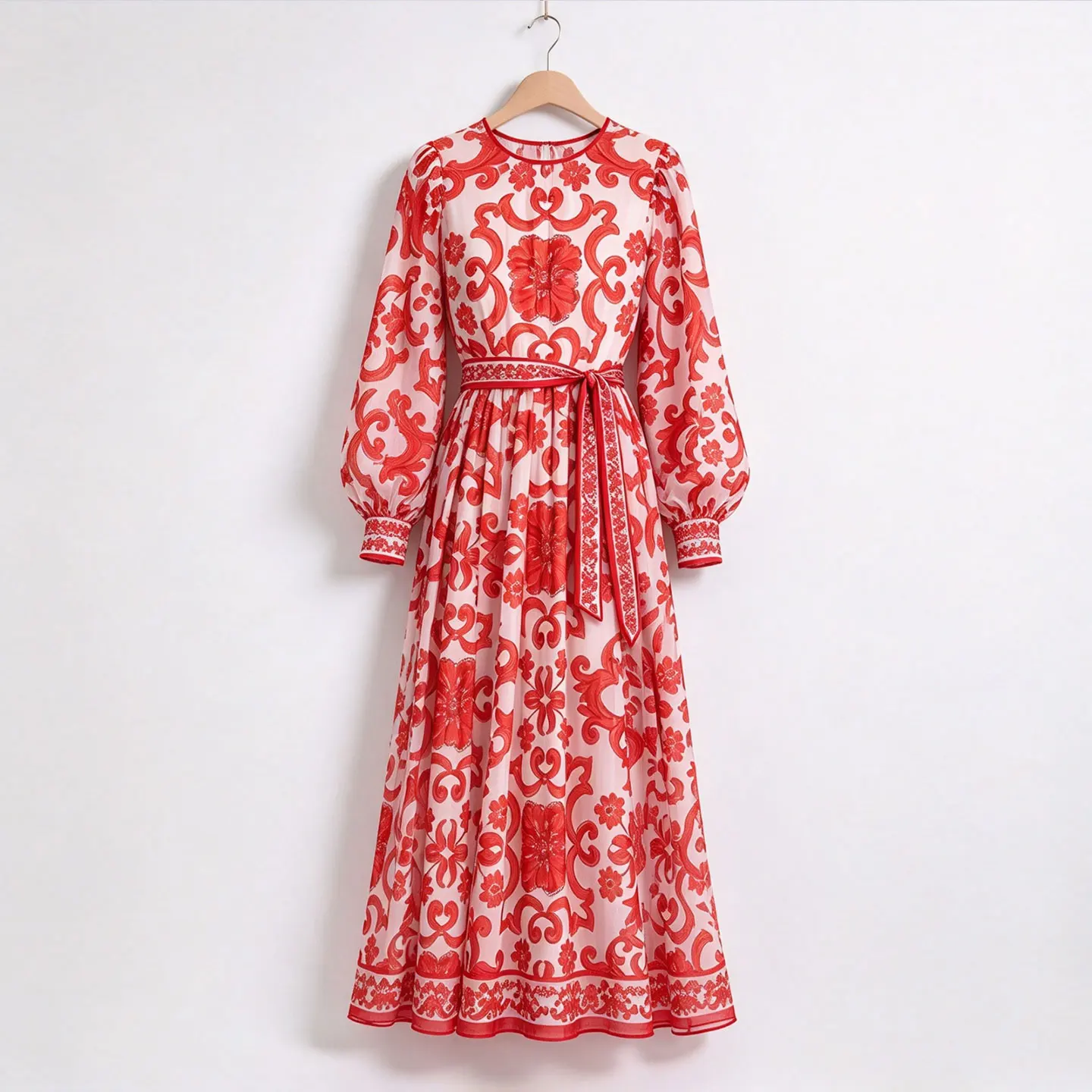 Bohemian Chiffon Maxi Dress Women Classic Blue And White Porcelain Print  Lantern Sleeve Round Neck Flowy Holiday Beach Robes