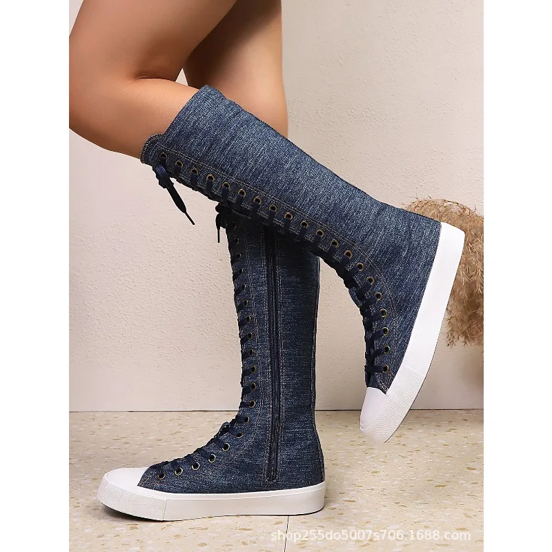

Fashion Women Knee-high Boots Classic Breathable Denim Canvas Shoe Europe America Style Knee-high Canvas Boot Botas Largas Mujer