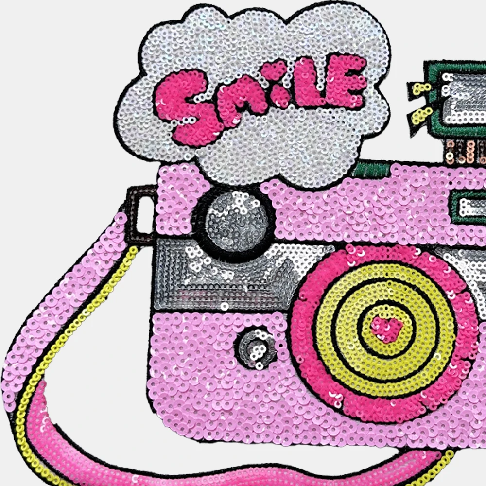 1 Piece 23*20 cm Sequined Camera Patch Fashion Shining Iron on Patch for Clothing DIY Decoration Accessories Back Adhesive