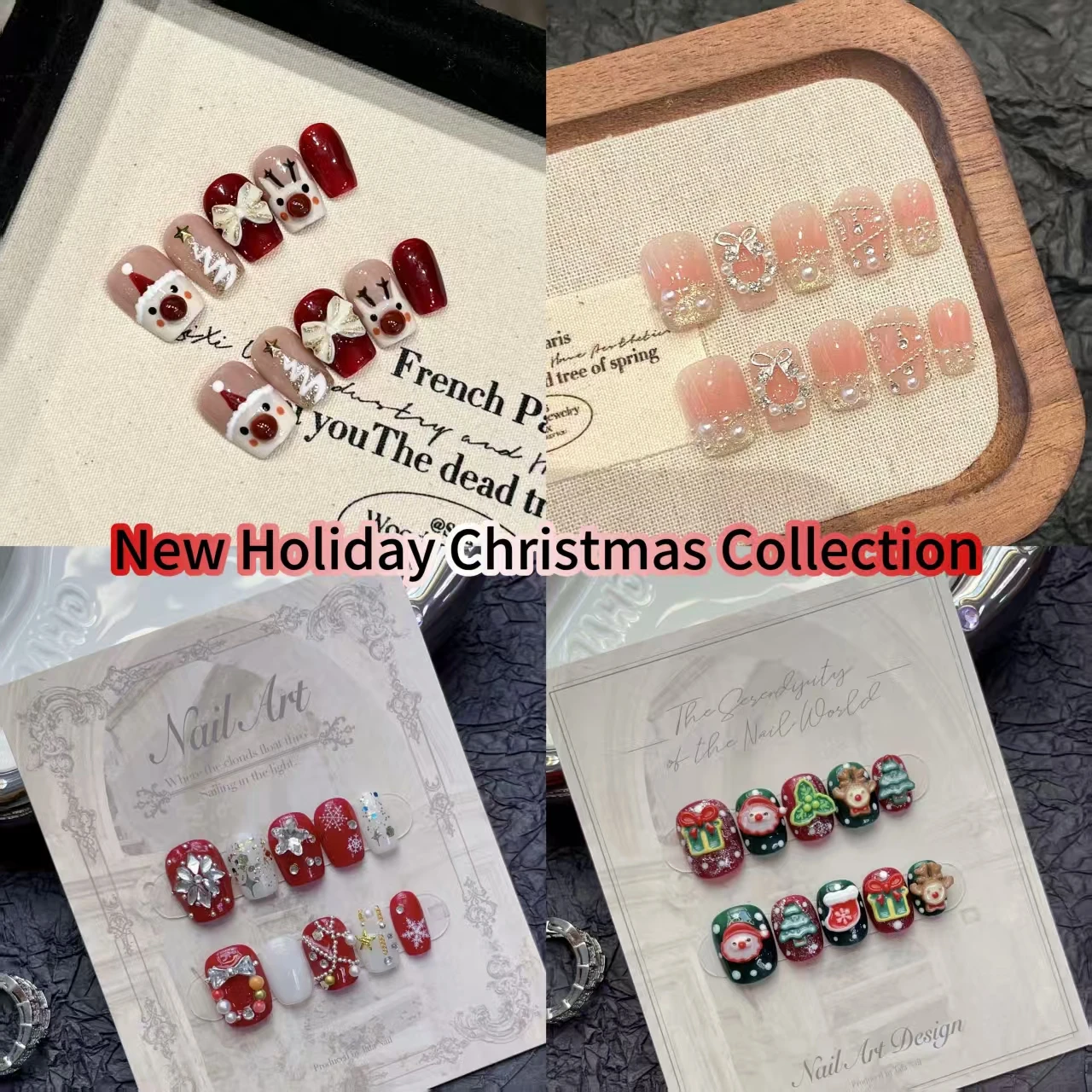 10 piezas de colección navideña, Feliz Navidad, industria pesada, mano pura, arte de uñas, uñas postizas de acabado corto con 4 piezas