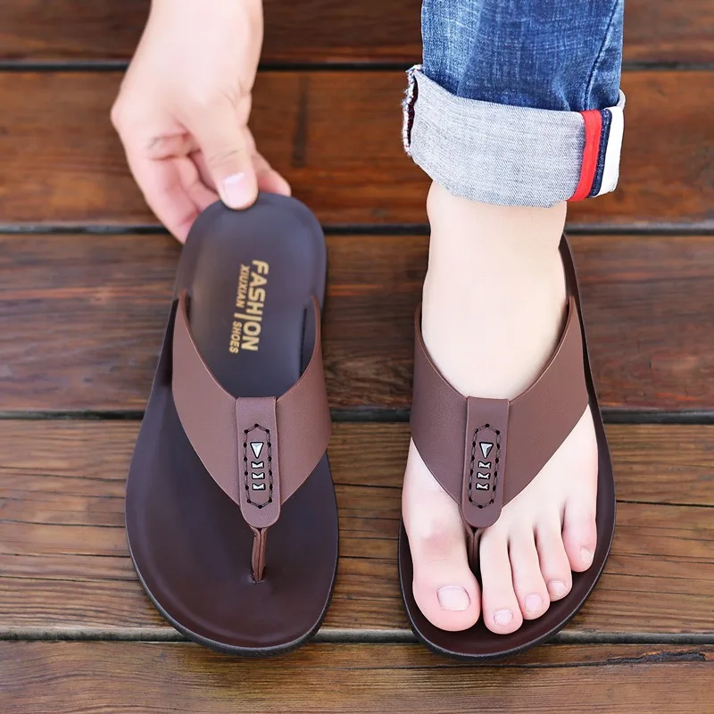 Brand Summer Beach Men Slippers Fashion Genuine Leather Casual Shoes Mens Beach Flip Flops Male Flats Outdoor Rubber Cool Shoes