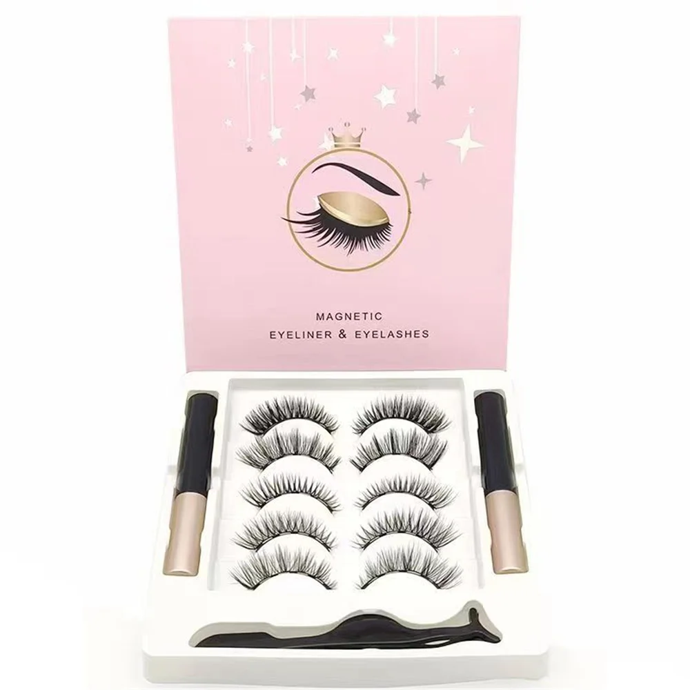 Glueless Magnetic Lashes Kit 5 Pairs 3D Mink Reusable Fake Eyelashes with Magnetic Liquid Eyeliner & Lash Tweezers