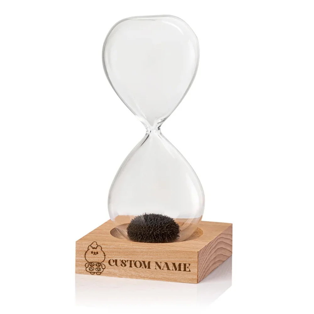 قطعة واحدة من قطة لطيفة مع طعام، اسم مخصص لسطح المكتب، زجاج مغناطيسي، ساعة رملية مع قاعدة مؤقت رملية مع قاعدة من الخشب الطبيعي