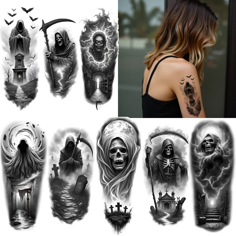 

3pcs Temporary Tattoo Black And Grey Realism Heart And Eye Bats Skull For Women Arms Adults