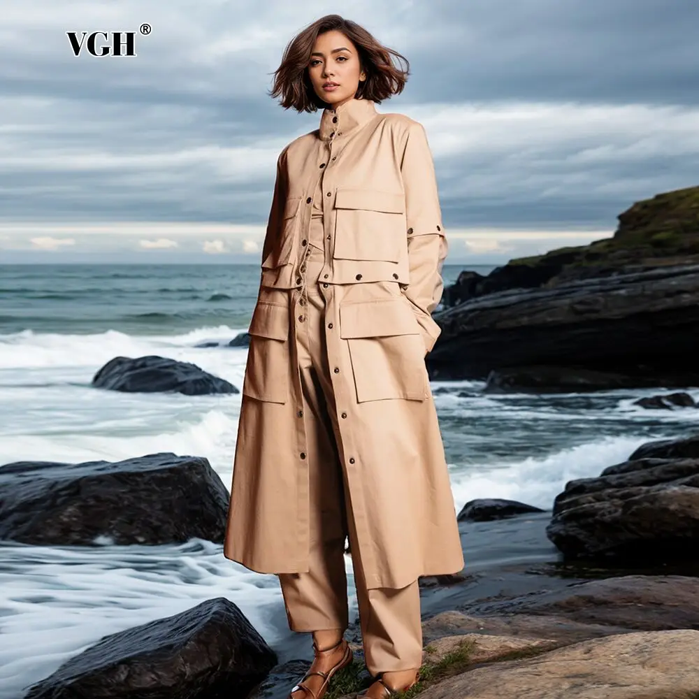 

VGH Solid Patchwork Button Minimalist Trench For Women Lapel Long Sleeve Spliced Pockets Casual Loose Coats Female Fashion New